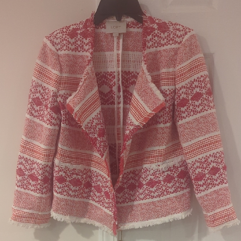 LOFT Red and White Blazer with Waterfall Collar